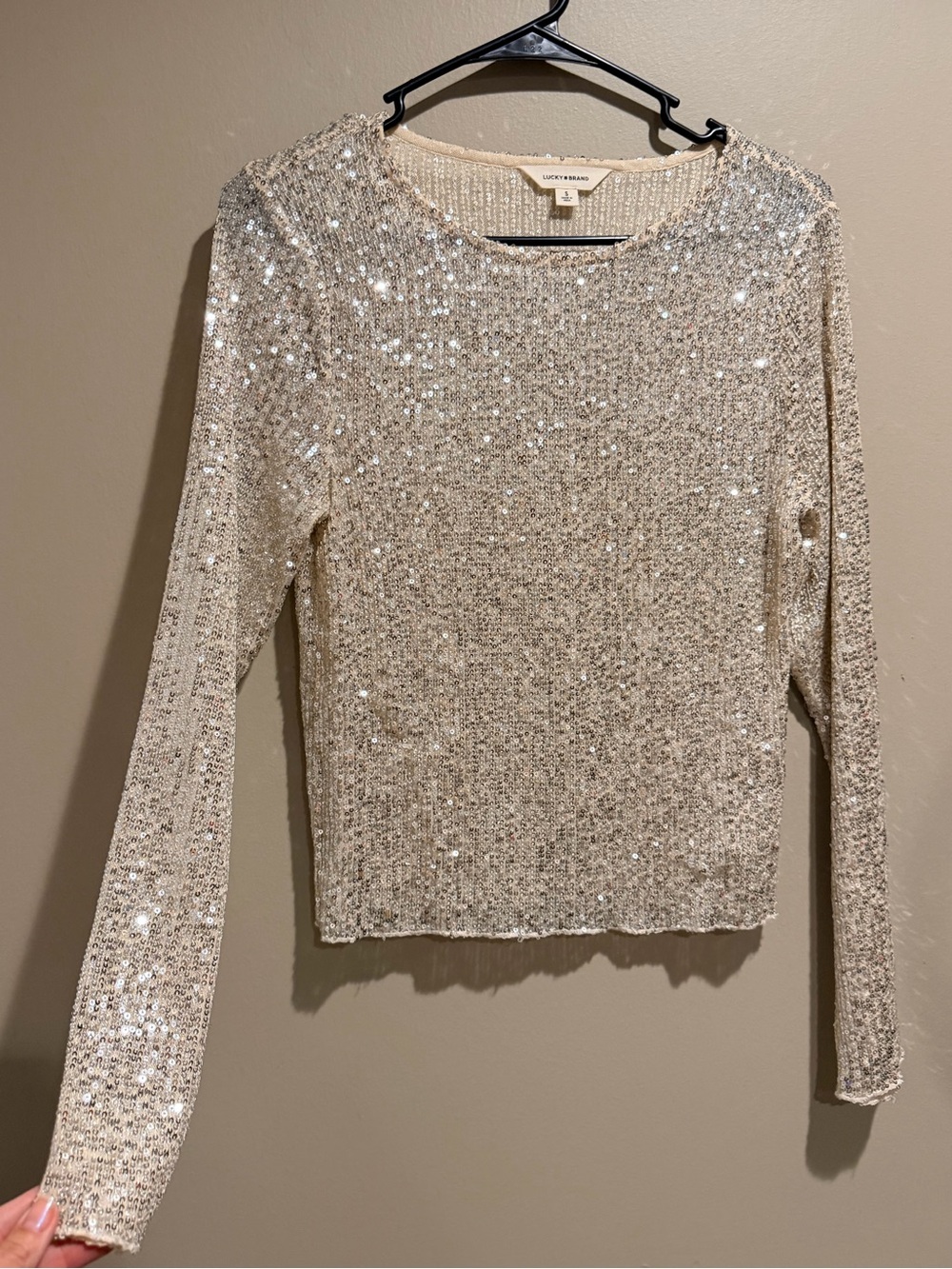 Lucky Brand Sequin Top S Champagne Silver Long Sleeve Holiday Party